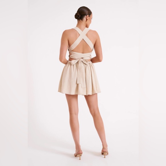 Meshki Loz Tie Back Linen Mini Dress - Natural - Picture 8 of 12